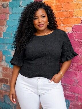 Torrid Plus Size 3x: Women’s Black Smocked Ruffle-Sleeve Waist Length Blouse